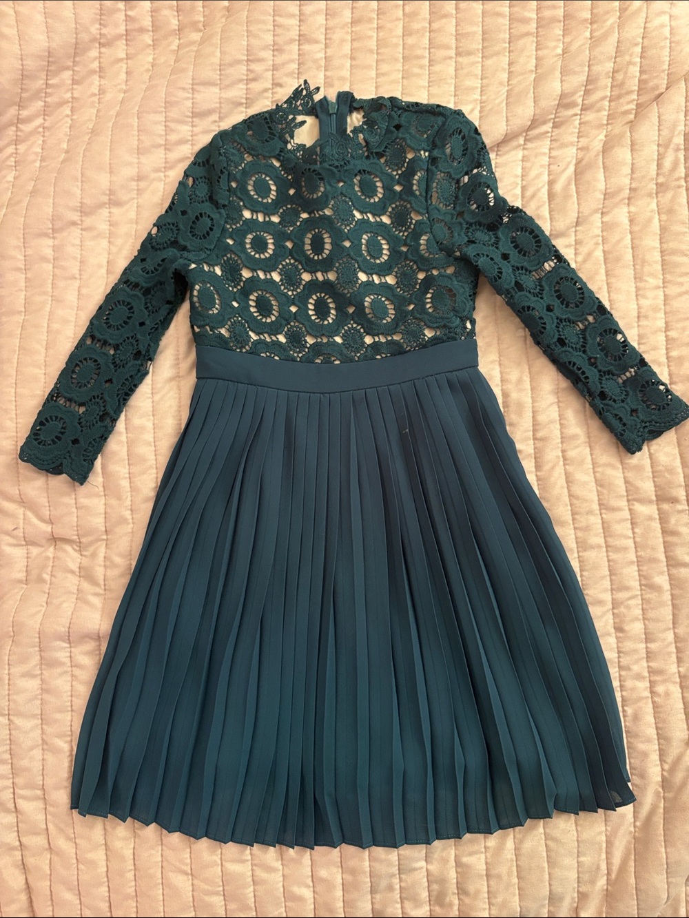 Ivy City Co Teal Lace Bodice Pleated Skirt Dress